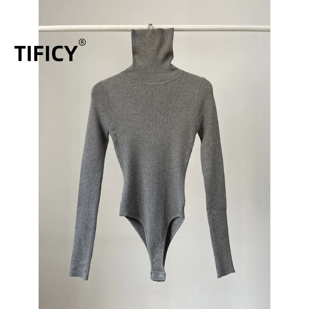 High Street Threaded Elastic High Neck Slim Fit Knit Sweater Jumpsuit Women in Autumn and Winter Long Sleeved Base Bodysuit Top