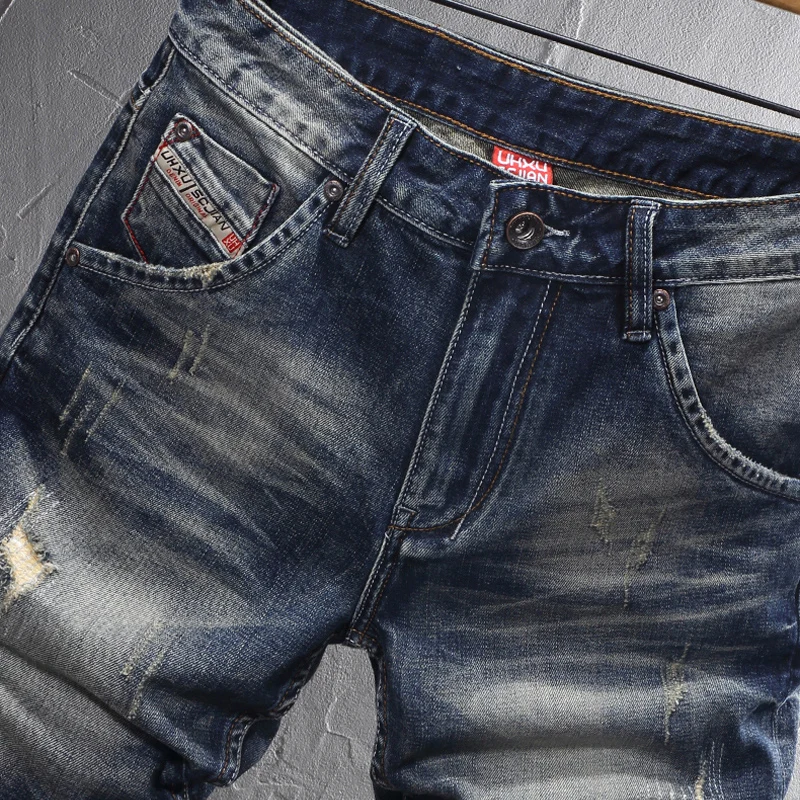 Fashion Vintage Men Jeans Shorts Summer Designer Retro Blue Stretch Slim Fit Ripped Short Jeans Embroidery Denim Shorts Men