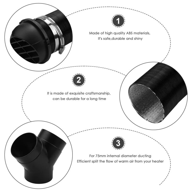 

75Mm Car Auto Heater Pipe Duct Y Piece Warm Air Outlet Vent Hose Clips Set For Parking Heater Webasto Eberspacher