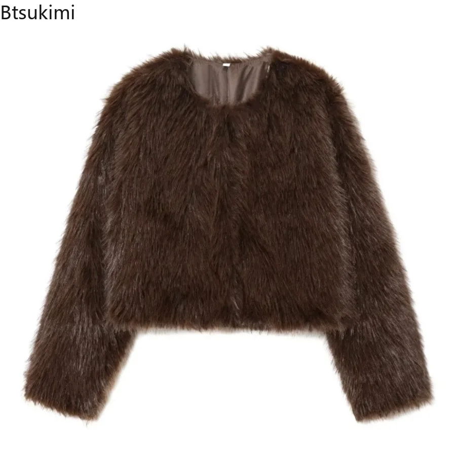 Women's Fall Winter Faux Fur Cropped Jacket O-Neck Long Sleeve Soft Plush Warm Stylish Elegant Fashion Casual Daily Outerwear