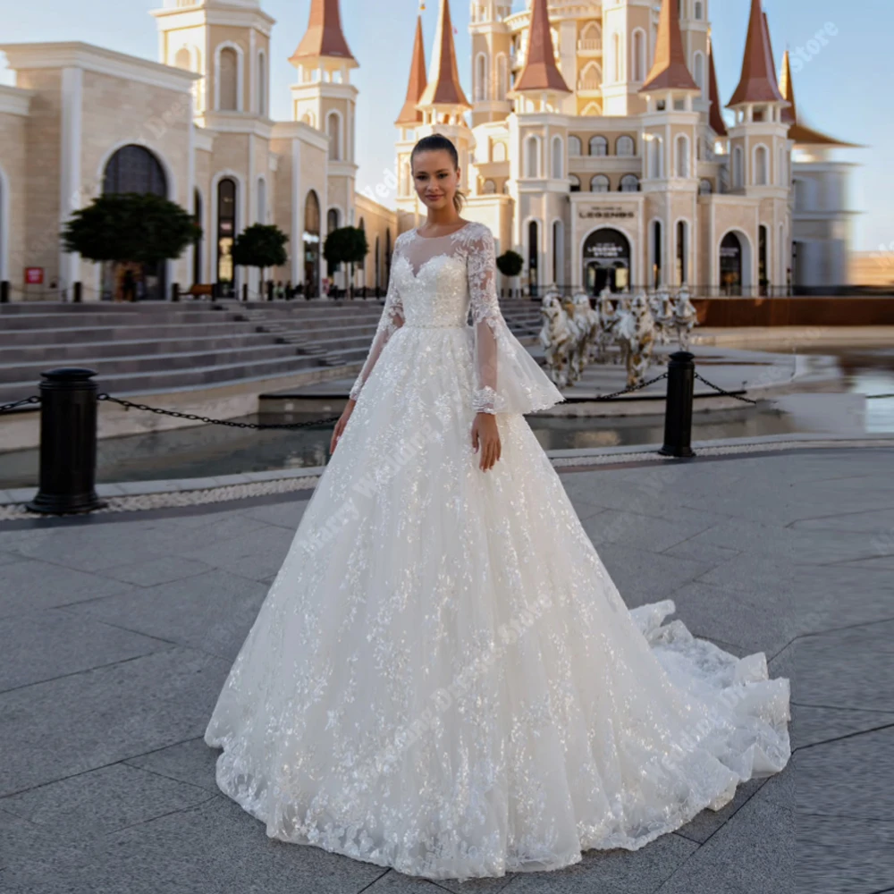 

2026 Round Neck Women Wedding Dresses Elegant Lace Applique A-Line Bridal Gown Engagement Banquet Vestidos De Novias Customized
