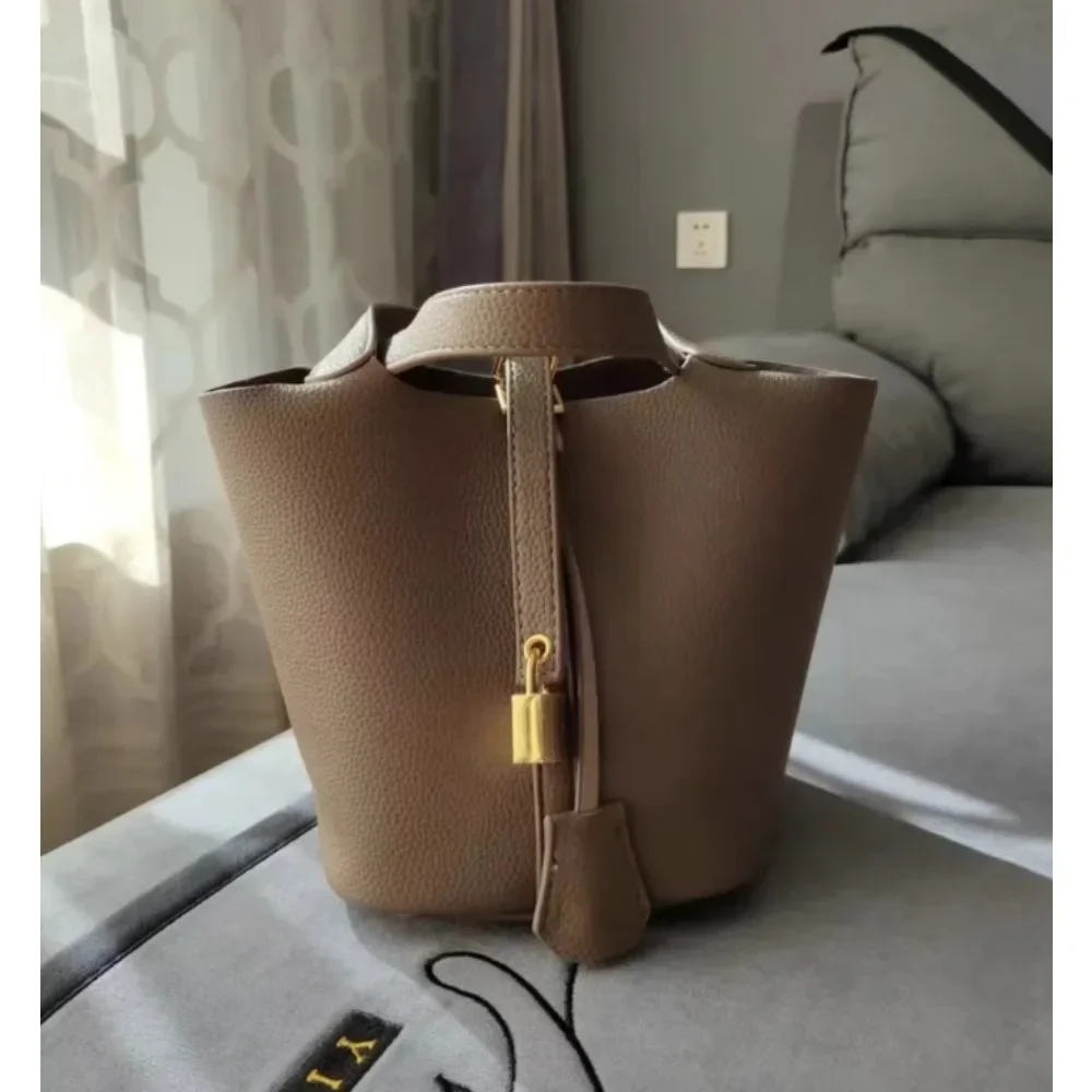 

Women's Beige Textured Bucket Bag with Inner Pouch, Top Handle & Drawstring Closure, Stylish Tote for Daily Use & Shopping