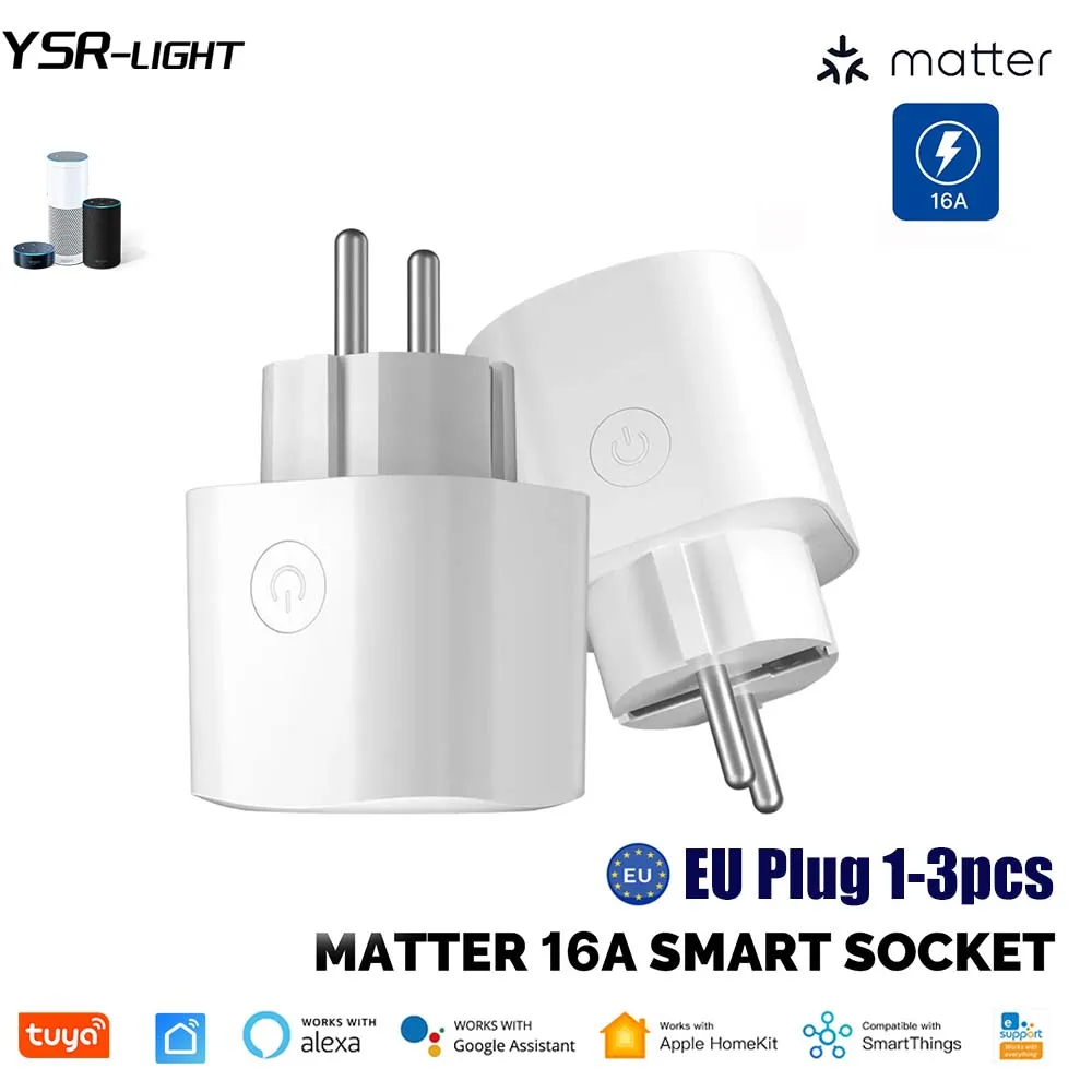 Matter Smart Socket 16A EU WiFi Power Monitor Wireless Socket Outlet Remote Support Voice Control Tuya Smart Life Google Alexa