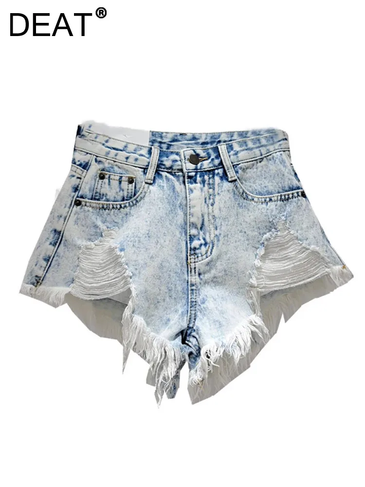 

DEAT Women's Denim Shorts High Waist Solid Color Washed Distressed Broken Holes Burs Short Pants 2024 Summer New Fashion 29L7204