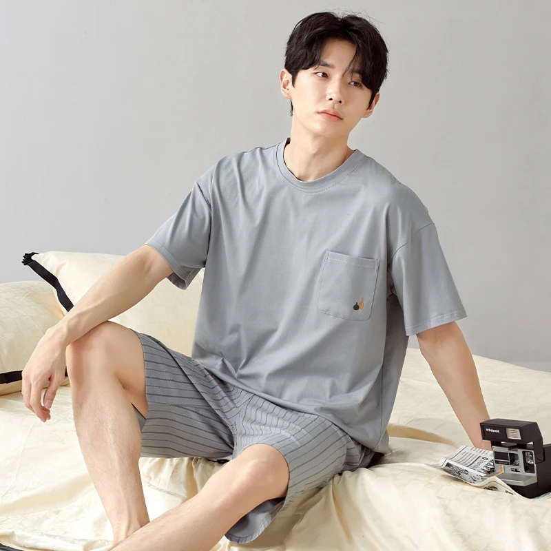 Pajamas Men's Summer Cotton Short Sleeve Youth Casual Sportswear Summer Thin Boys Student Loungewear pijama hombre verano