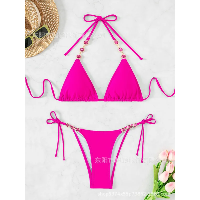 New Hot-Selling Sexy Tie Halter Neck Solid Color Swimwear Triangle Beach Bikini