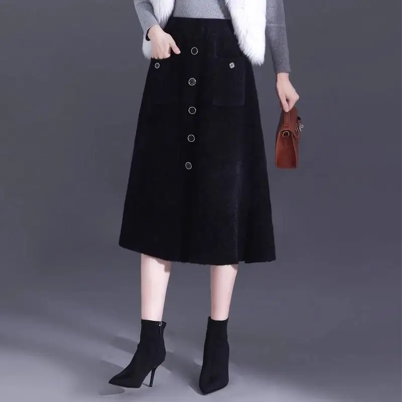 Autumn and Winter Women's Solid Knitted High Waist Midi A-Line Button Pockets Fashion and Casual Elegant Office Lady Skirt