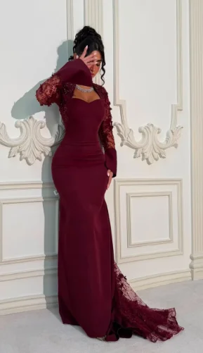 Vestido de noche burdeos estilo sirena, con mangas largas de encaje floral transparente, corte ajustado, formal, para invitadas de boda y baile de graduación, con cola de encaje.