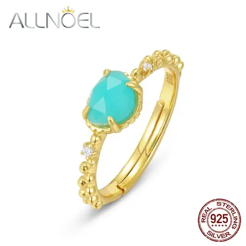 ALLNOEL Natural Amazonite Irregular 925 Sterling Silver Adjustable Rings for Women Elegant Vintage Gold Plated Fine Jewelry Gift