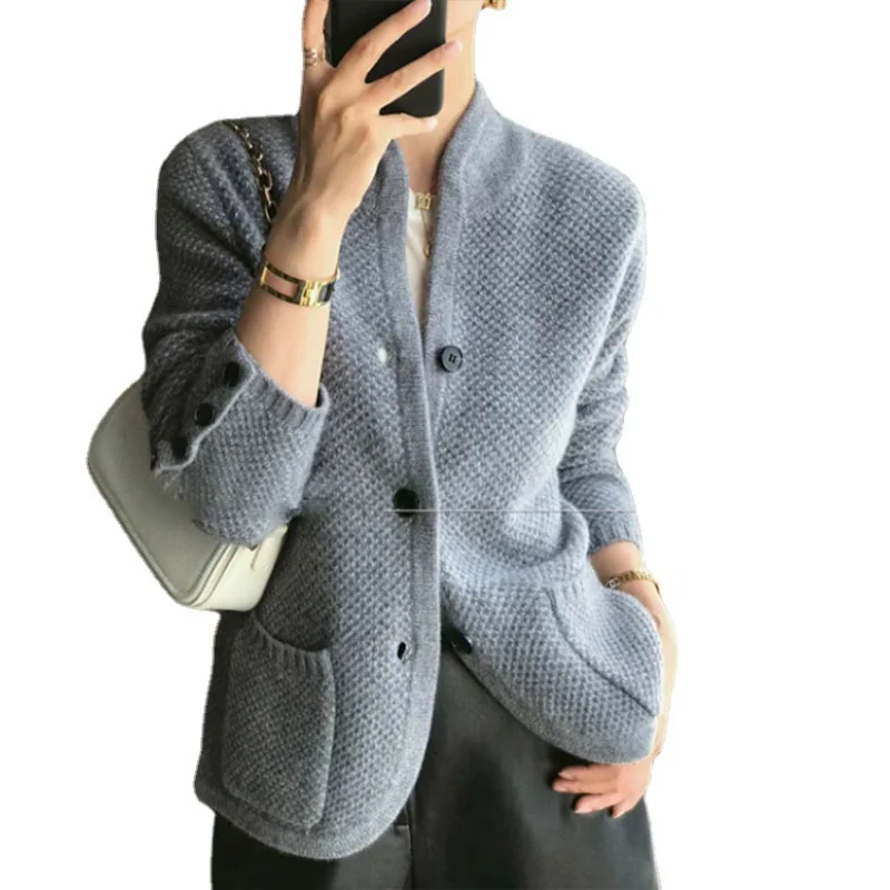 White Knitted Sweater Coat Thickened 100% Pure Cashmere Cardigan Women Stand Neck Sweater Loose Knitwear Elegant Sweater Jacket