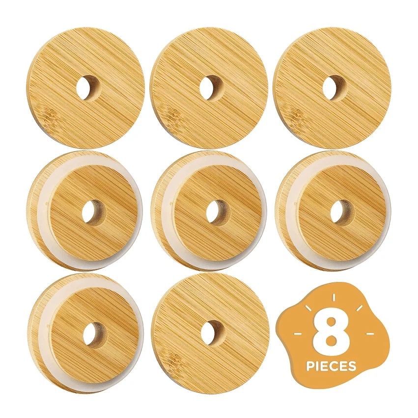 5pcs/8pcs 70mm Diameter Bamboo Lids with Straw Hole Regular Mouth Mason Jar Lids for Beer Can Glasses And 16oz Can Shaped Cups