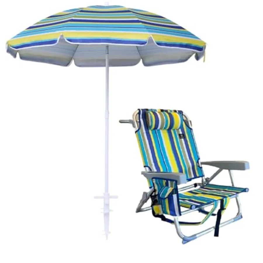 

Beach Chair with Umbrella, Backpack Stripe Beach Chair for Adults, Sand Chair, High Back, with Cooler, Cup Holder and Heavy Dut