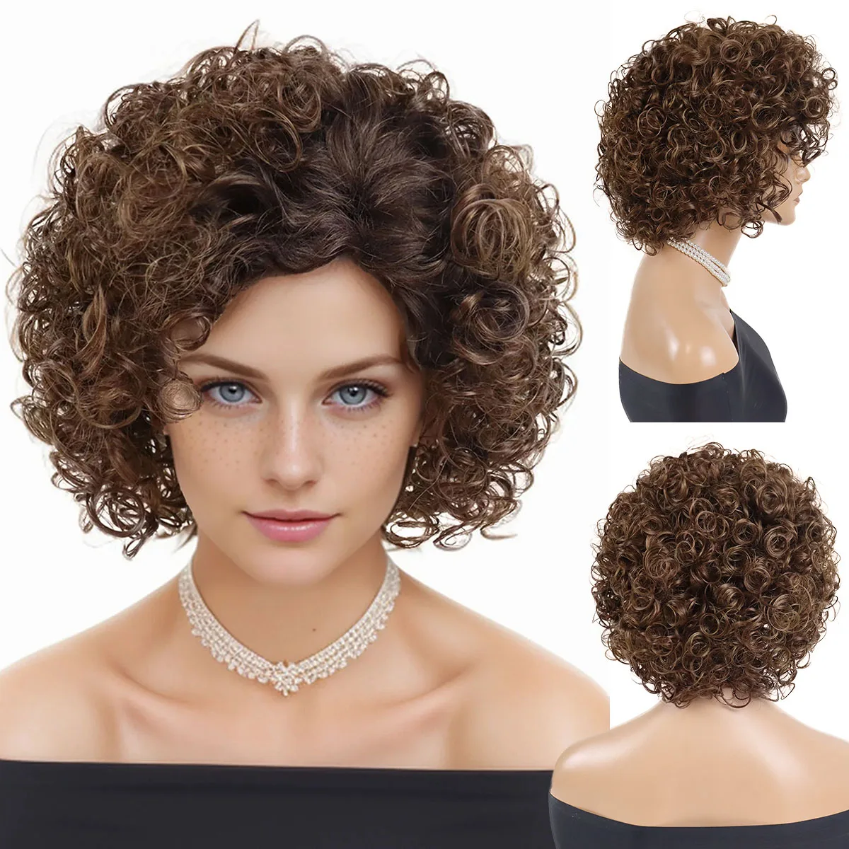 Synthetic Hair Short Curly Wigs for Women Brown Wig with Bangs Thick Afro Fluffy Full Wig Natural Hairstyles Full Wigs Loose Cut