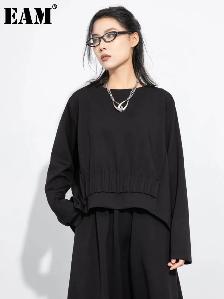 

[EAM] Black Pleated Irregular Sweatshirt New Round Neck Long Sleeve Women Big Size Fashion Tide Spring Autumn 2023 1DH7483