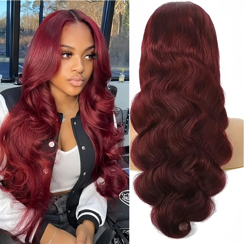 

Красные парики с кружевной передней частью 99J Burgundy, 13x6, из натуральных волос, плотность 210, волнистые, 13x4, 30-36 дюймов, бразильские, для женщин