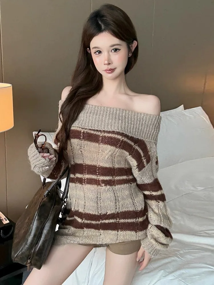 

Street Sle полосатый вязаный свитер на одно плечо, свободный прямой топ, модная однотонная одежда, винтажная уличная одежда свободного покроя