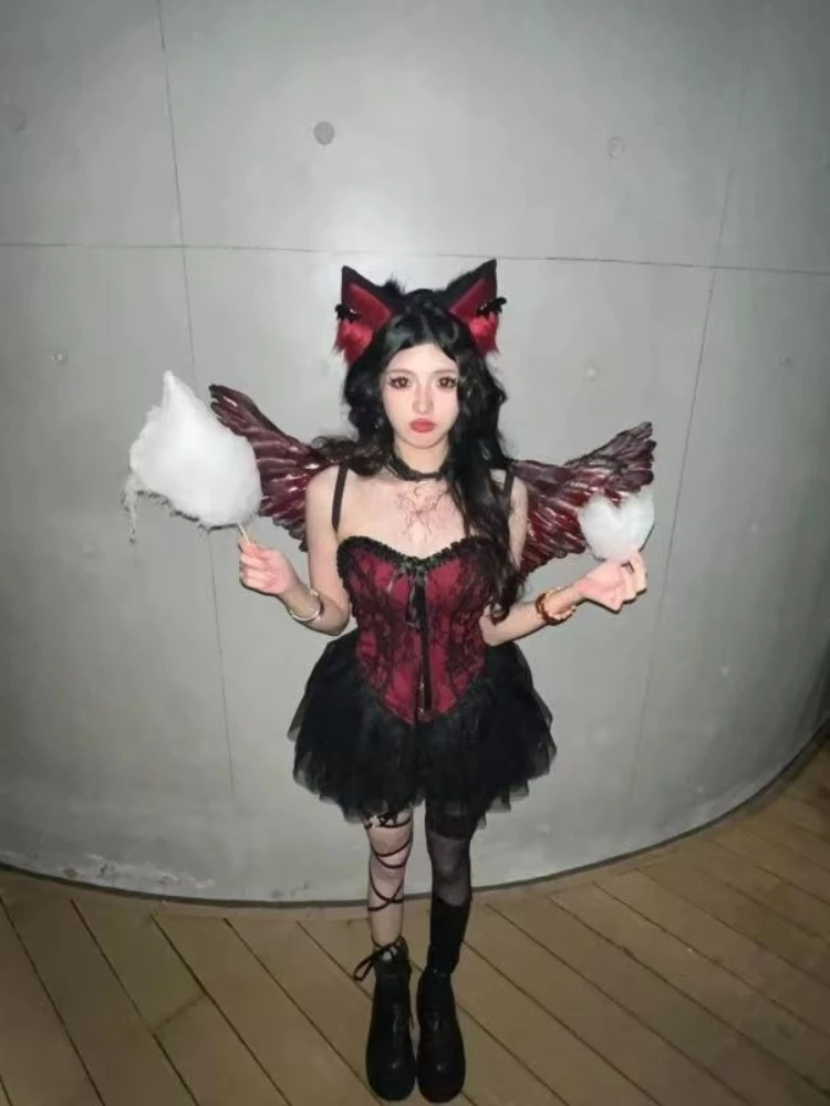 

Готический костюм на Хэллоуин, женские сексуальные комплекты, кружевной корсет, винтажные топы, черная, красная тюлевая юбка, темная сказочная вечеринка, косплей, наряды ведьмы