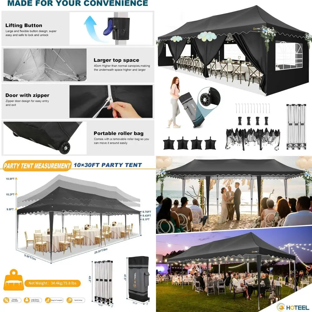 

Палатка для вечеринок 10x30 футов с 8 боковыми стенками, водонепроницаемая UPF50+, для двора и мероприятий, простая установка, с сумкой на колесах и 4 утяжеляющими мешками, дополнительная комплектация