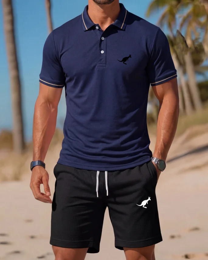 

Men's 2-Piece Polo Shirt & Shorts Set Casual Summer Matching Outfit with Logo Elastic Waist Vacation Wear