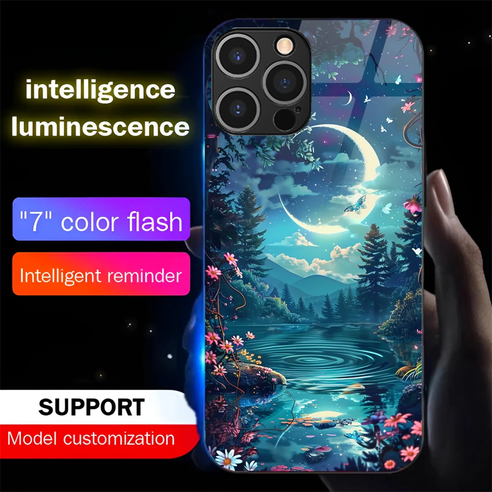 

Pretty Dreamy Forest LED Light Glow Luminous Tempered Glass Back Phone Case For iPhone 16 E 15 14 13 12 11 Pro Max X XS XR Plus