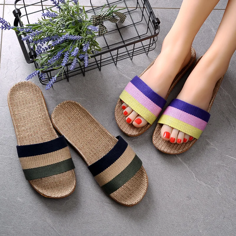 Men Multicolor Flax Slippers Summer Home Shoes Non-slip Indoor Slippers Breather Linen Slides Male Flat Sandals Pantuflas Hombre