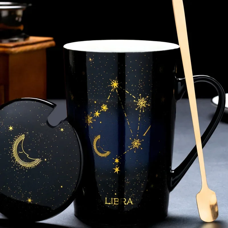 Zodiac Ouro Céu Estrelado Caneca de Porcelana com Tampa Colher Canecas Cerâmicas, 12 Constelações, Copos Criativos, Leite e Copo de Café, 1PC