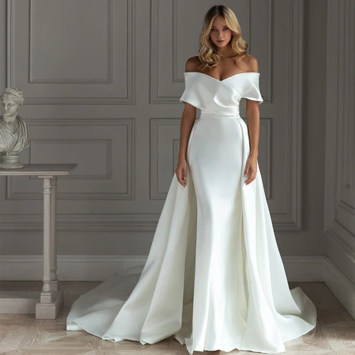 Vestido De Novia blanco desmontable con forma De corazón De satén sirena con hombros descubiertos Vestidos De Novia hechos a medida Vestidos De Novia