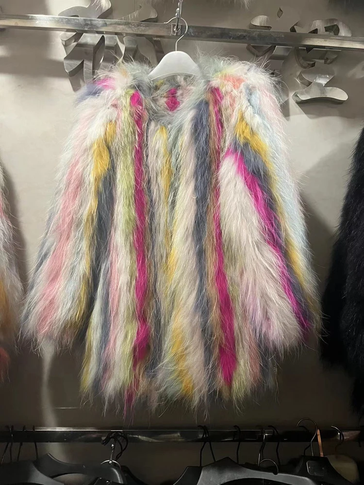 Fur Coat For Women American European Female Colorful Hand Knitted 100% Raccoon Fur Jackets Streetwear Rainbow Color Down Coats