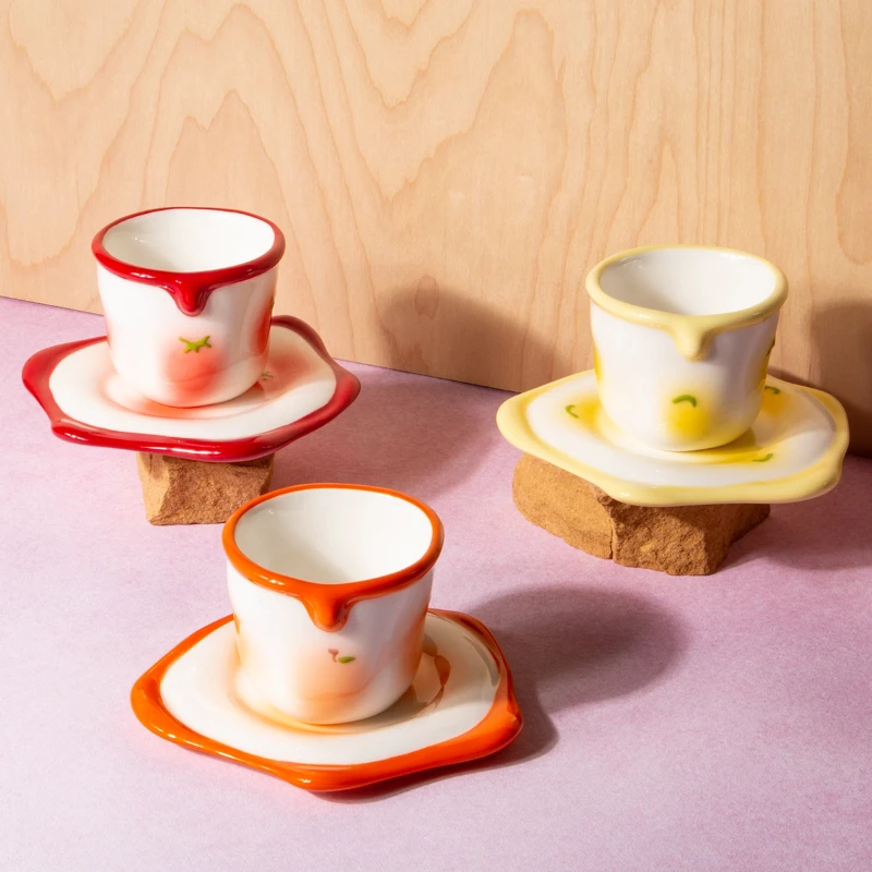 Pure hand-painted ceramic cute ins wind contrasting colors mug polka dot retro hand-held cup coffee cup saucer girl gift