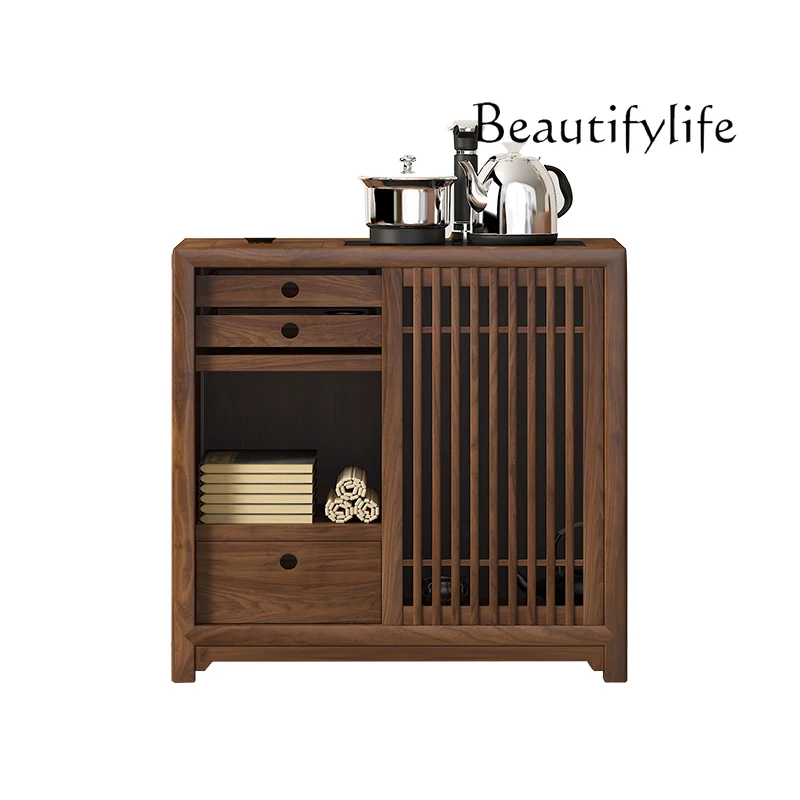 

New Chinese Style Solid Wood Tea Cabinet Retro Black Walnut Boiling Cabinet Simple Home Tea Table-Side Cabinet