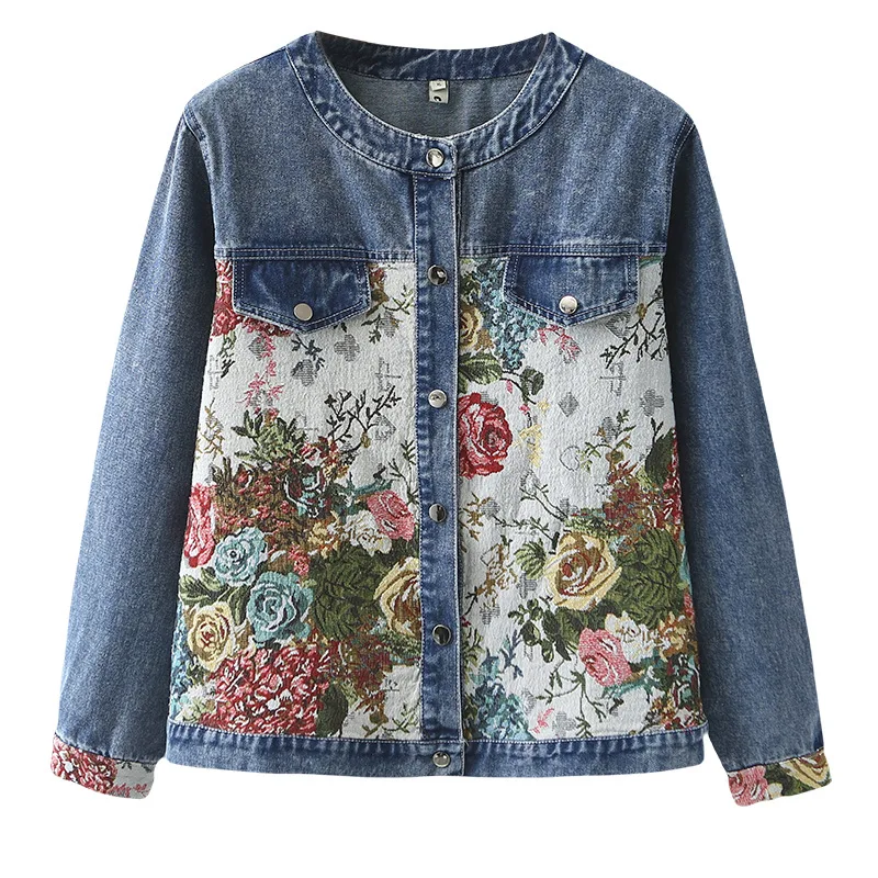 2025 Early Spring New Denim Jacket Women Plus Size Fashion Temperament Chic Patchwork Floral Coat 8286