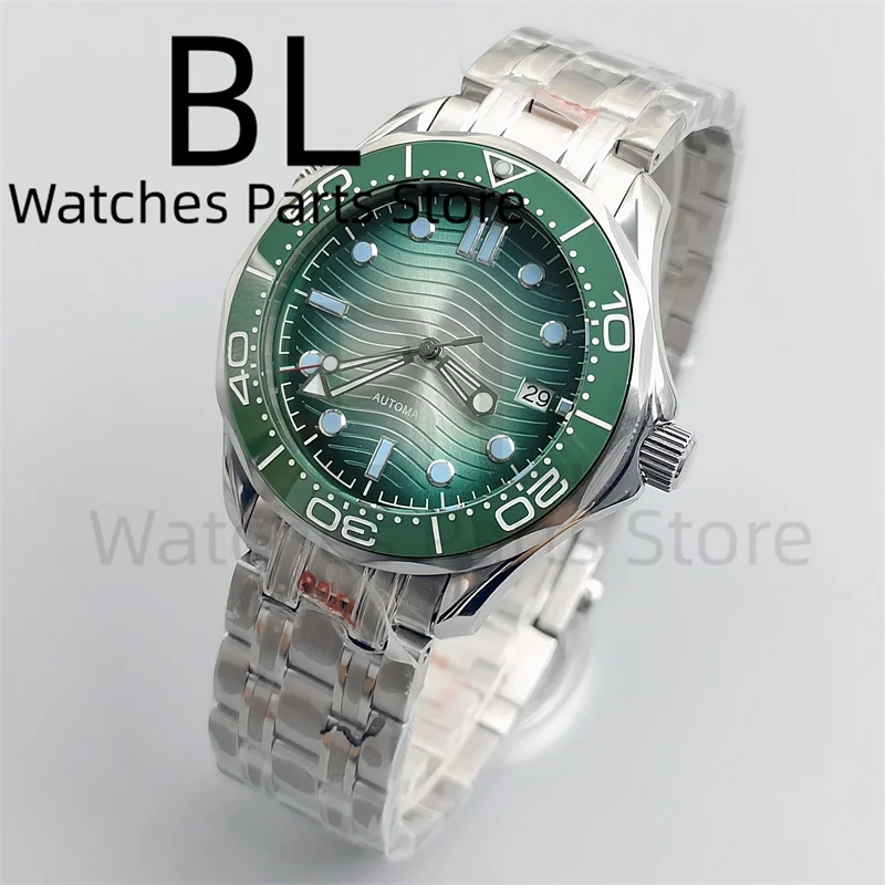 BLIGER NH35 Mechanical Watch For Men 41mm Case Ceramic Bezel Sapphire Glass Gradient Ice Green Wave Dial StainlessSteel Bracelet