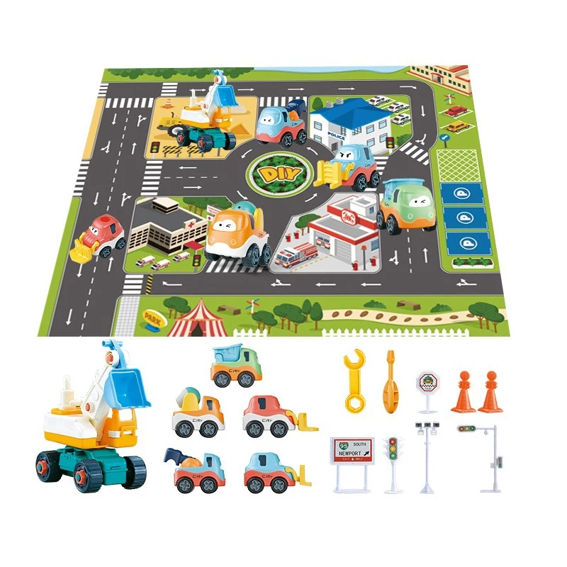 Construction Toys Engineering Vehicles Toy with Play Mat Road Signs and Accessories Construction Trucks Toys for Kids