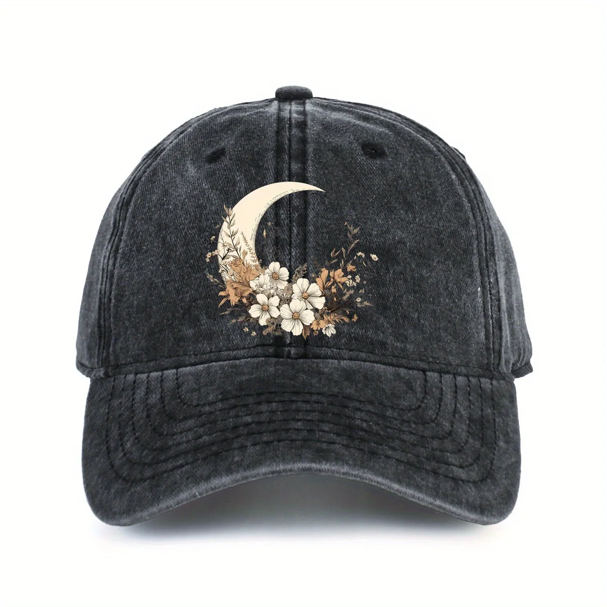 1pc Washed Baseball Cap for Men & Women - Adjustable Hat with Golden Daisy & Crescent Moon Emblem, Beige/Brown Vintage Washed Lo