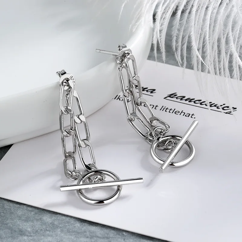 CIAXY Silver Color OT Buckle Chain Earrings for Women Creative Design Back-hanging Long Earring  Fashion Rock Jewelry