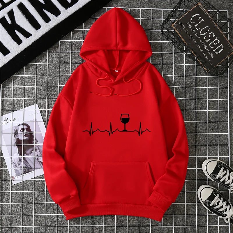 Wine Heartbeat Print Hoodie Sweatshirts Women Long Sleeve O Neck Loose Hoodies 2025 Ladies Pullovers Warm Pocket Hooded Jacket