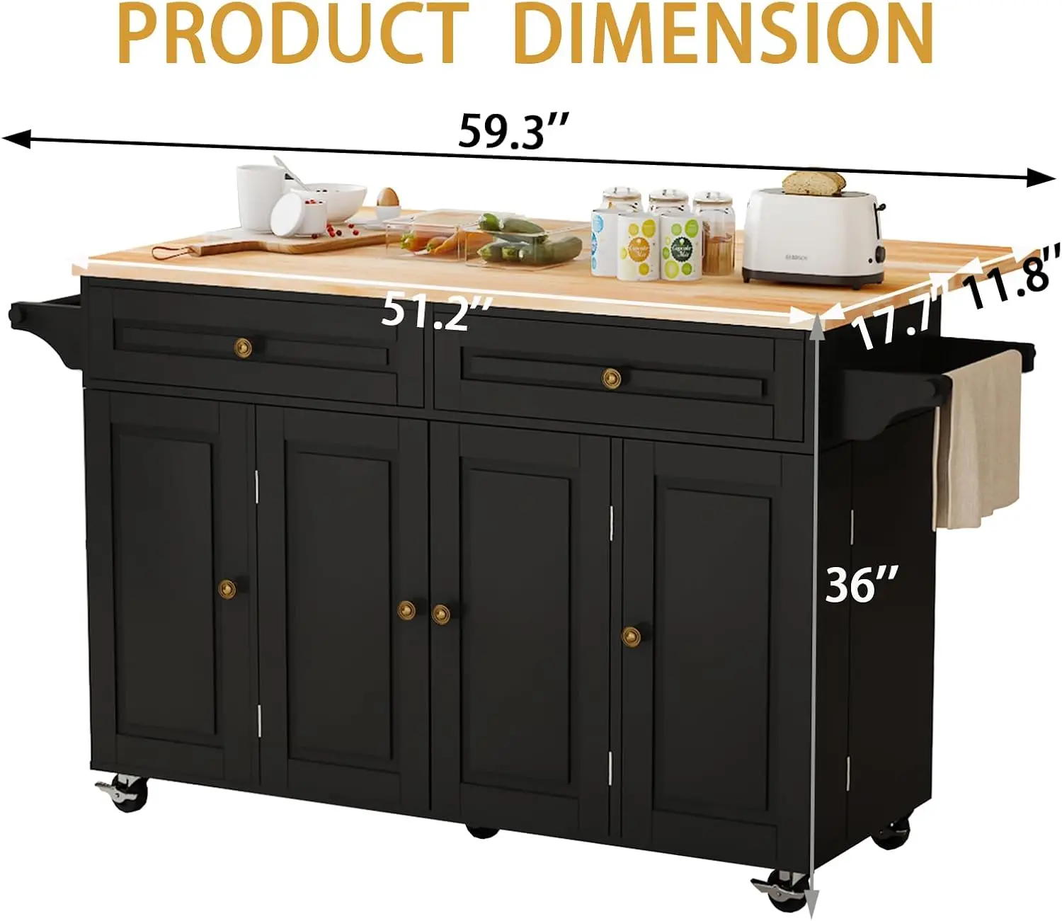 59’’ Rolling Kitchen Island Cart with Drop Leaf and Power Outlet, Movable Kitchen Islands with 3-Tier Door Storage Shelf, Island