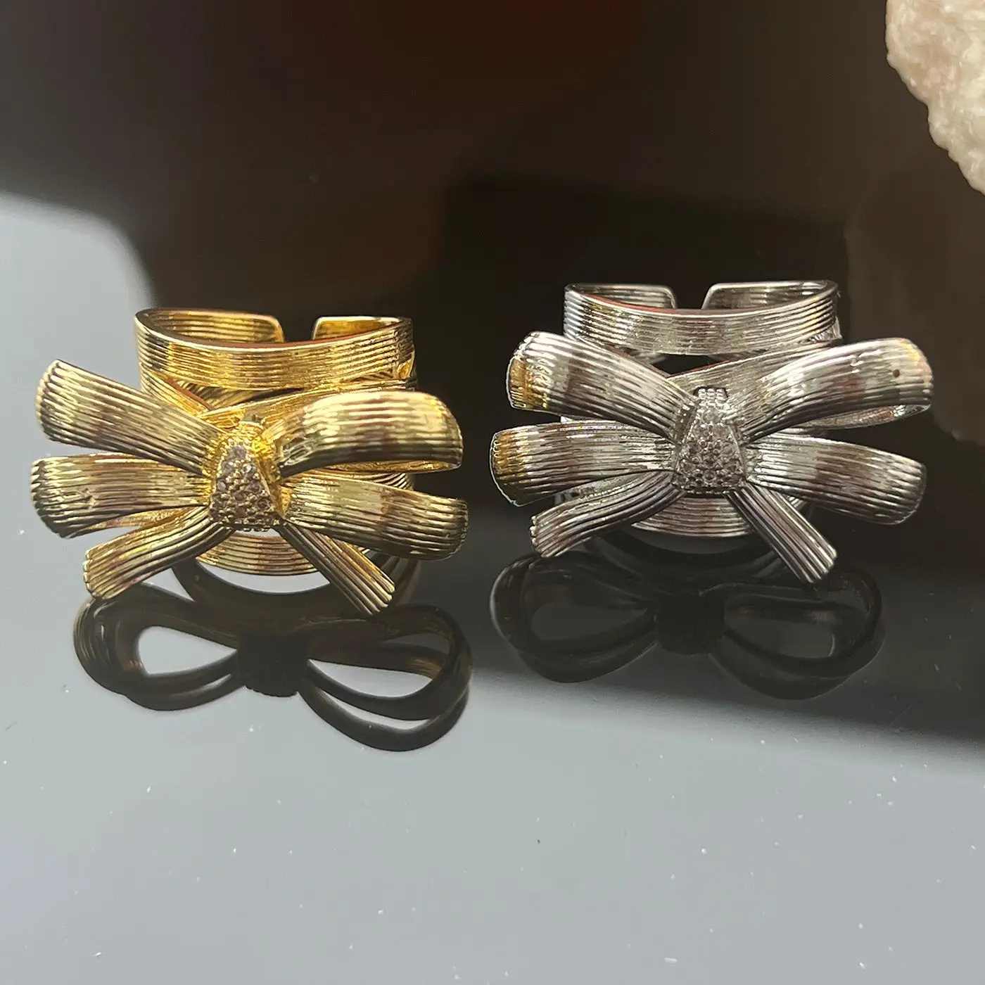 Unique Large Bow Adjustable Ring for Women Statement Jewelry Brushed Metal Gold Silver Plated Wide Band Cuff Ring