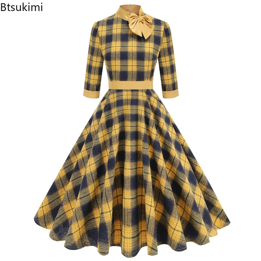 

New 2025 Women's Retro Mock Neck Bowknot Plaid Dress Vintage Three Quarter Sleeve Elegant Pockets Large Skirt Dress for Women