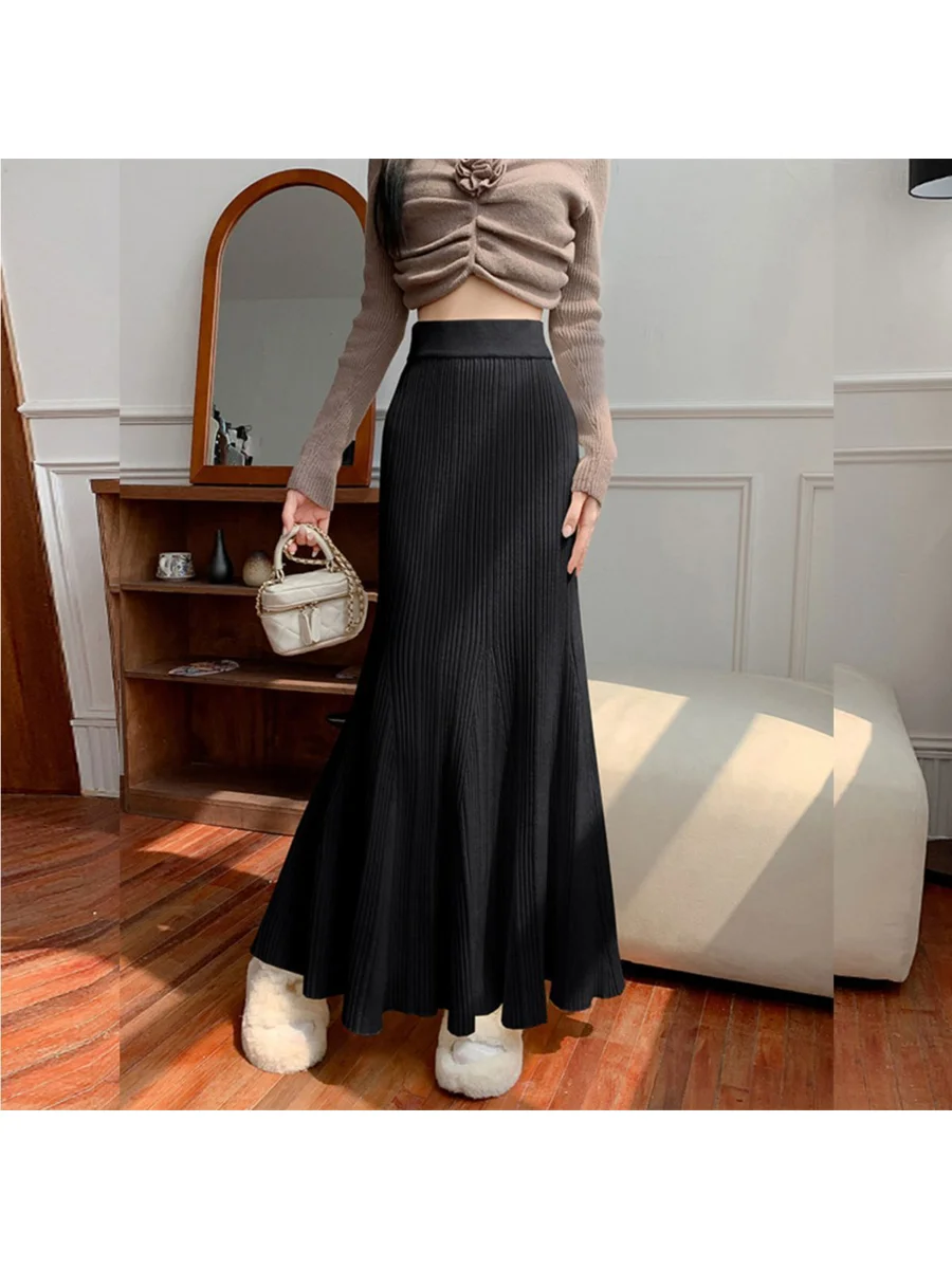 High Waist Knitted Fish Tail Half Skirt Women's Autumn Winter Loose Elastic Waist Wrap Body Lace  Long Sweater Skirt