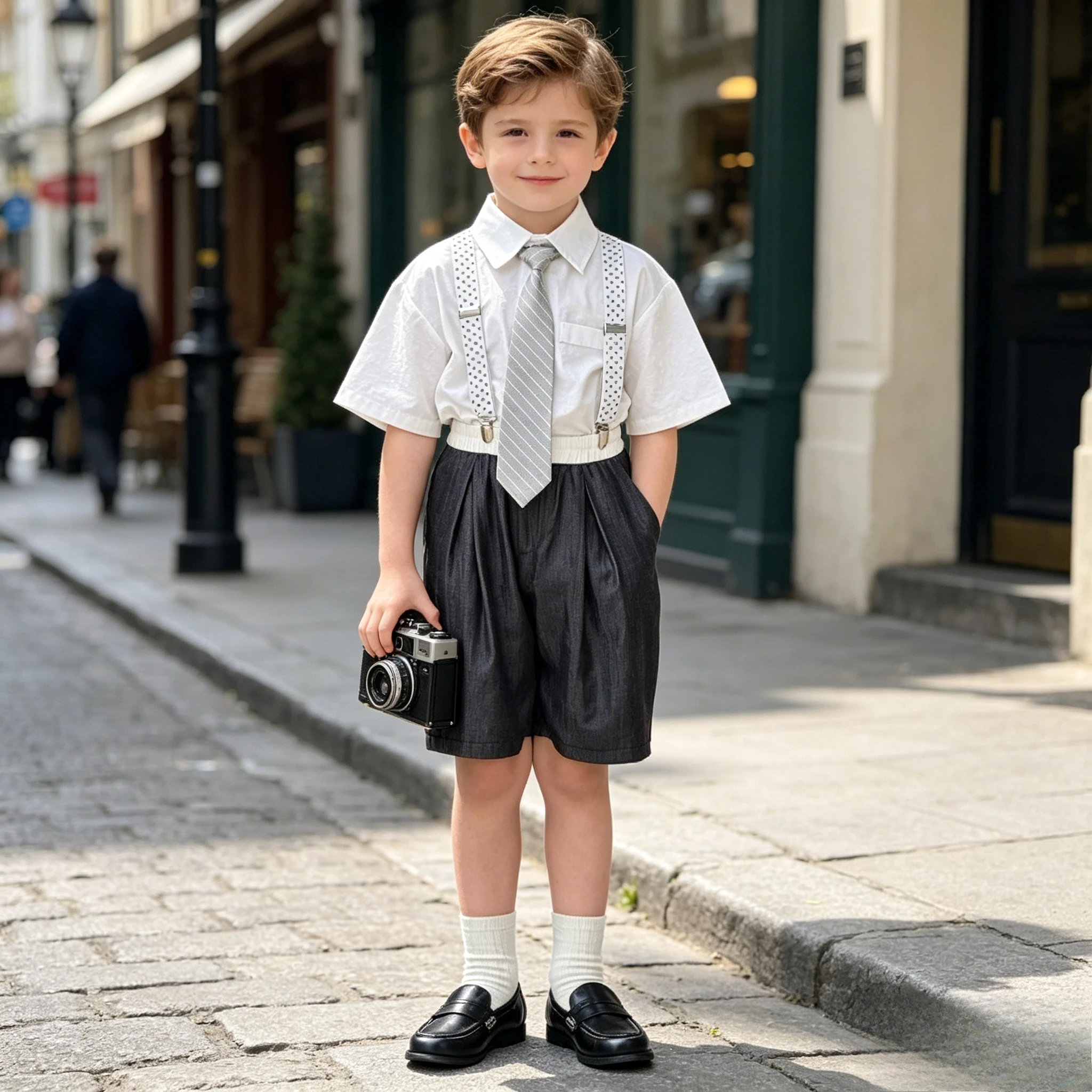 Teen Boys Costumes School Suspender Outfit Polka Dot Shirt Striped Tie Elastic Waist Shorts Set Kids Wedding Casual Daily Wear