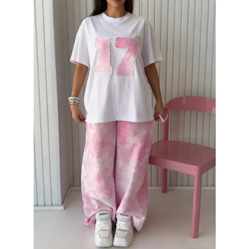 

Spring Autumn New Women's Fashion Elements Striped Grid Printed Casual Round Neck Large Comfortable Two Piece Set