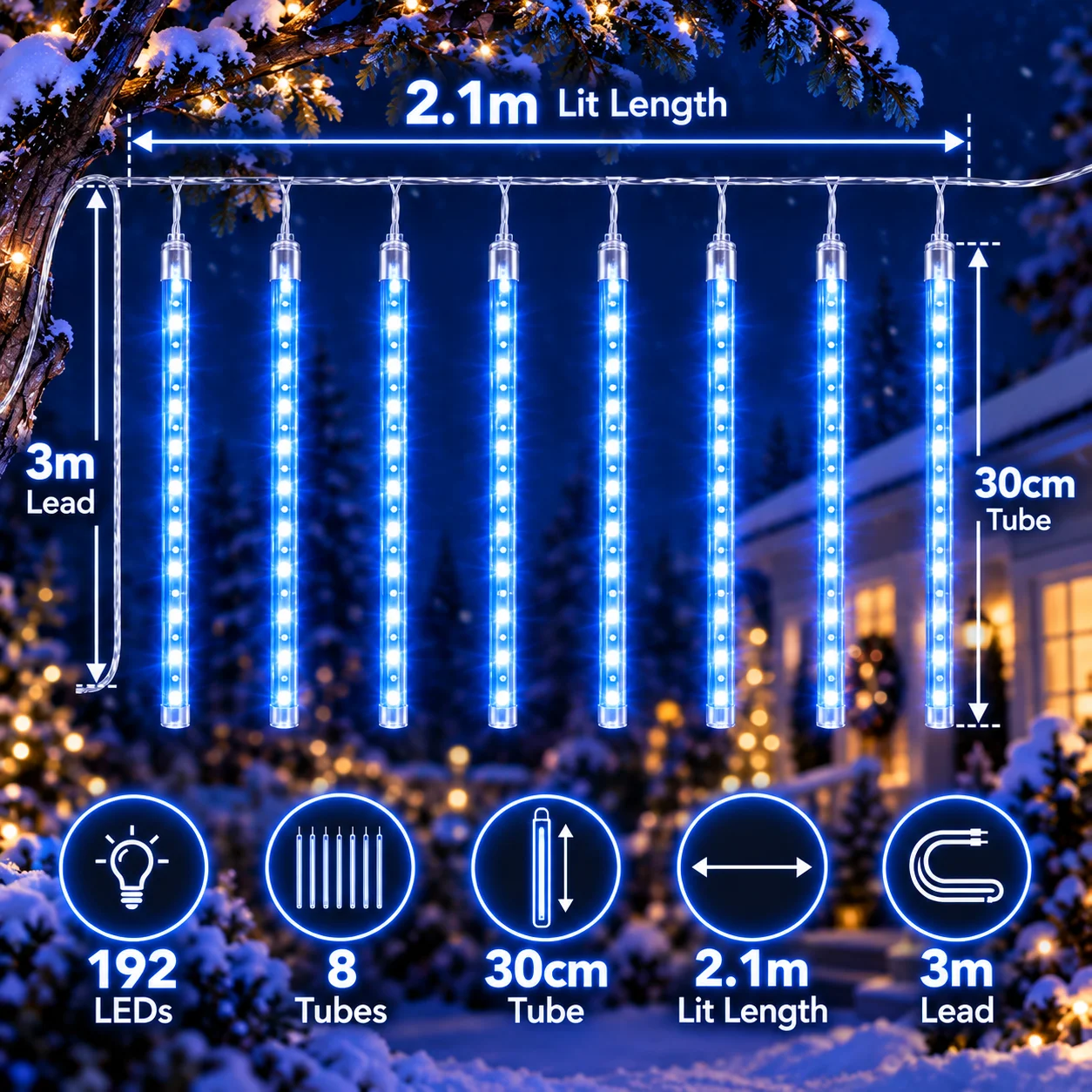 Christmas Blue USB Meteor Shower Lights Ice Blue Falling Rain Icicle String Lights for Roof Eaves Window Winter Holiday Decor