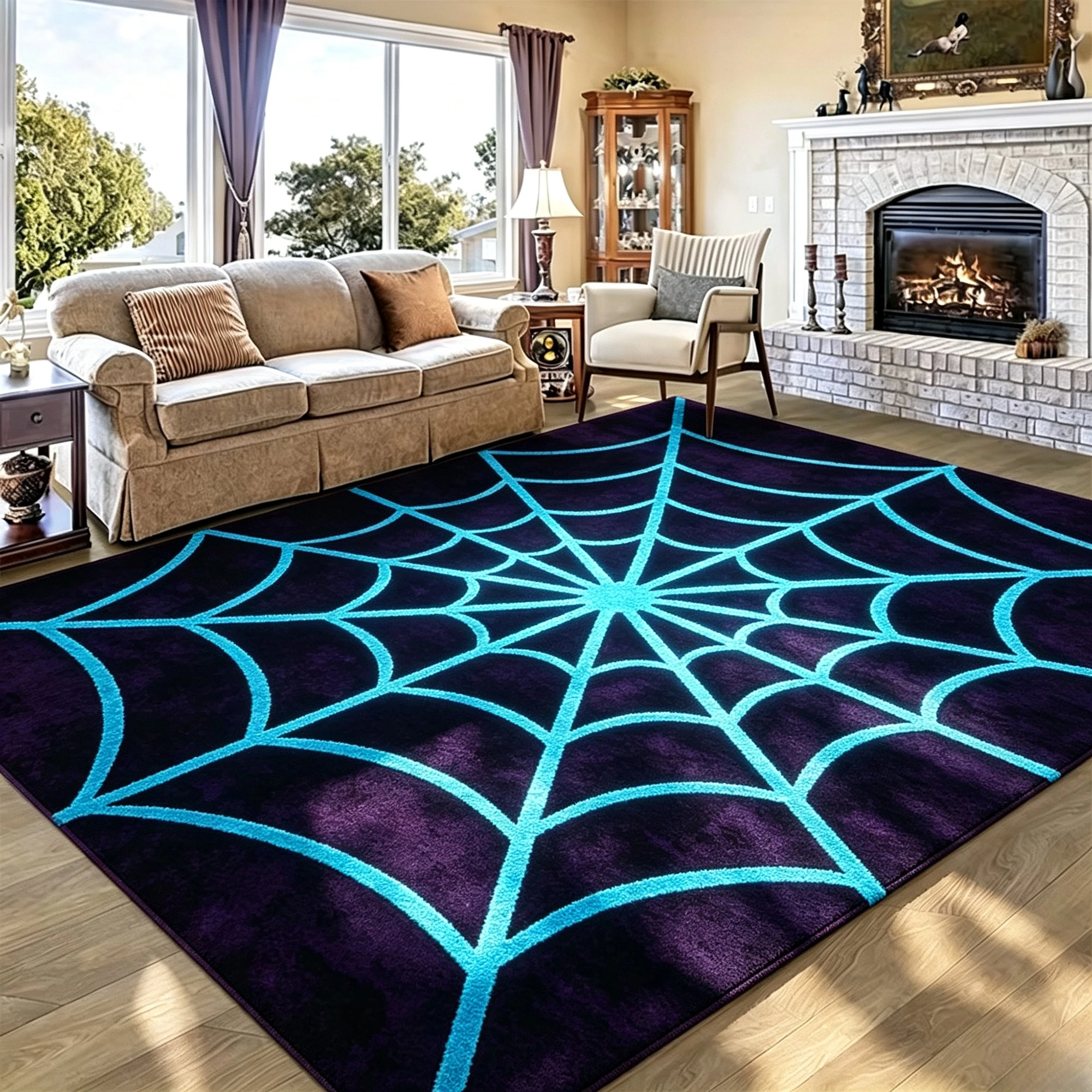 Spider Web Printed Decorative Rug Modern Gothic Cobweb Graphic Pattern Floor Carpet for Indoor Living Space Bedroom Game Room