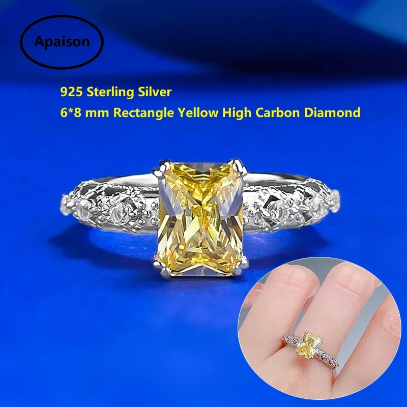 

Apaison 6*8 mm Yellow High Carbon Diamond Real 925 Sterling Silver Wedding Party Ring Fine Jewelry Gifts For Women