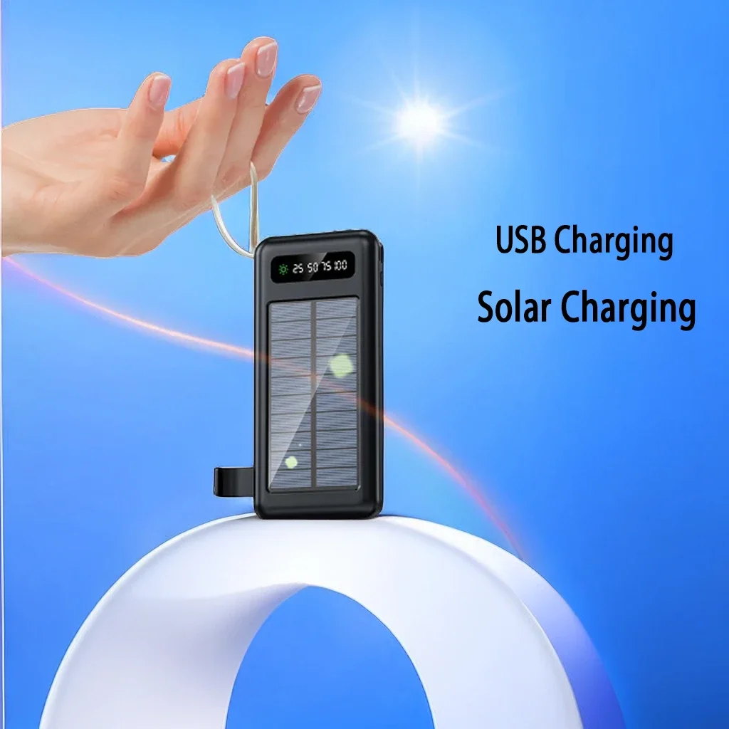 20000mAh Solar Power Bank with 4 Cables Portable Charger LED Digital Display Powerbank External Battery Pack Poverbank for Phone