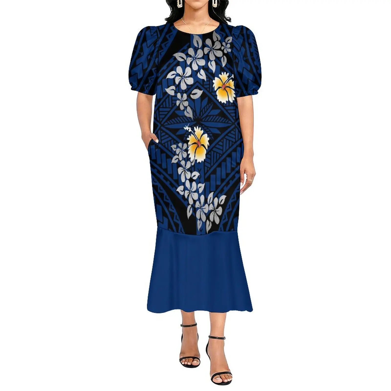 

Newly Designed Custom Women'S Mumu Bubble Sleeve Dress Polynesian Tribal Ethnic Style Square-Neck Evening Gown