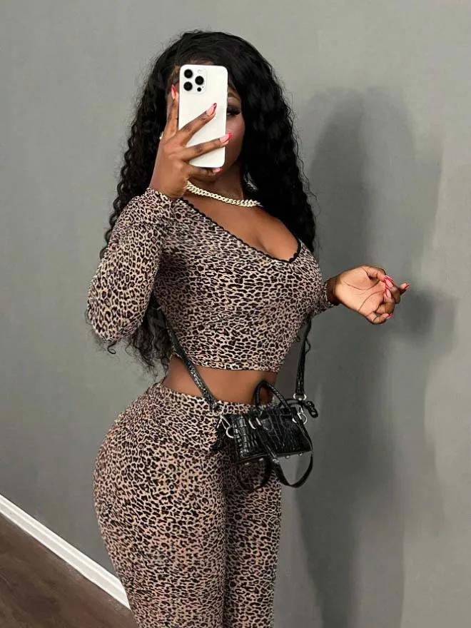 Customized LOGO European American women\'s clothing 2025 spring V-neck lace leopard print sexy casual high-waisted suit