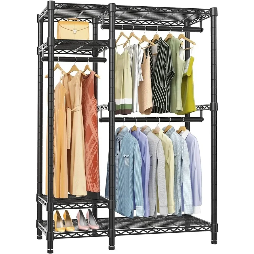 Freestanding Closet Metal Wardrobe Closet, 4 Tiers Adjustable Wire Shelving Clothing Racks with 3 Hanging Rods, Black