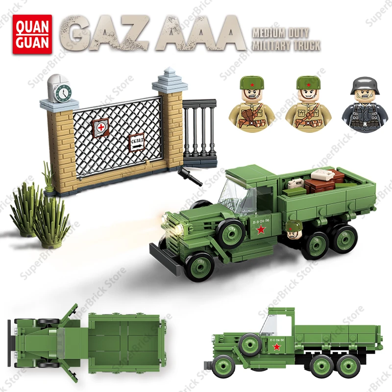 WW2 Soviet Military Vehicles GAZA-AAA Medium Truck Model Building Blocks World War II Soldiers Transport Car Bricks Toys Gifts